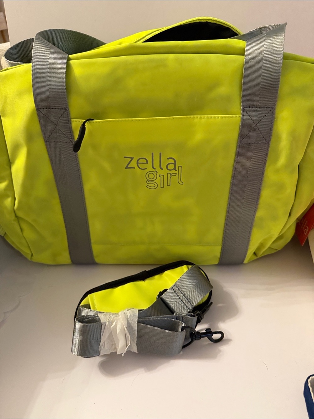 NWT Zella Girl Neon Yellow Green Gym Duffel Weekender Bag Gray Strap Nordstrom